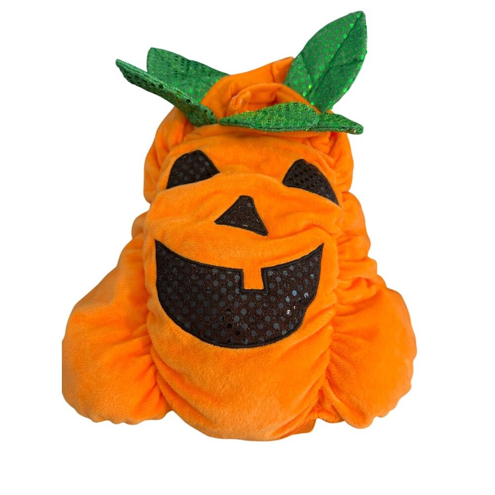 Plush Pumpkin Jack o Lantern Dog Costume Sequin Leaf Orange Green Halloween Sz S